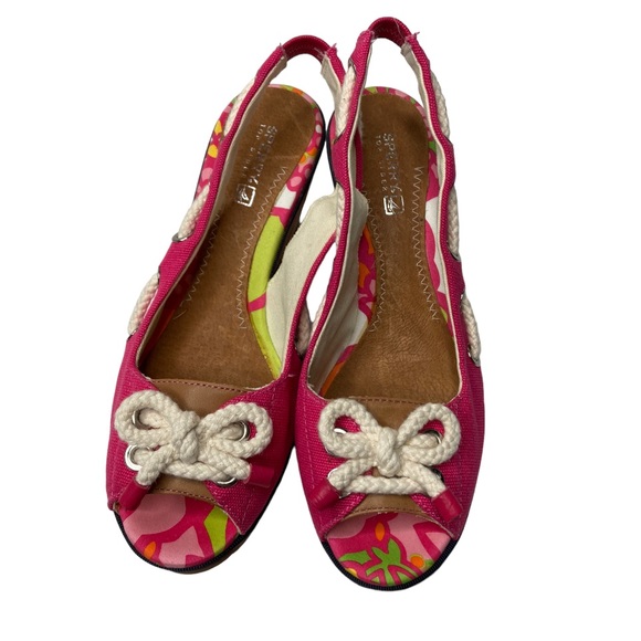 SPERRY Pink & White Cork Top Sider Peep Toe Slingback Bow Tie Wedges, 7.5 - Picture 4 of 10